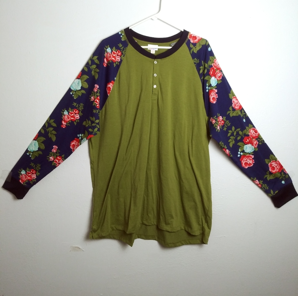 Lularoe Mark Tee Shirt 3XL Long Sleeve Henley Floral Contrast Navy/Green